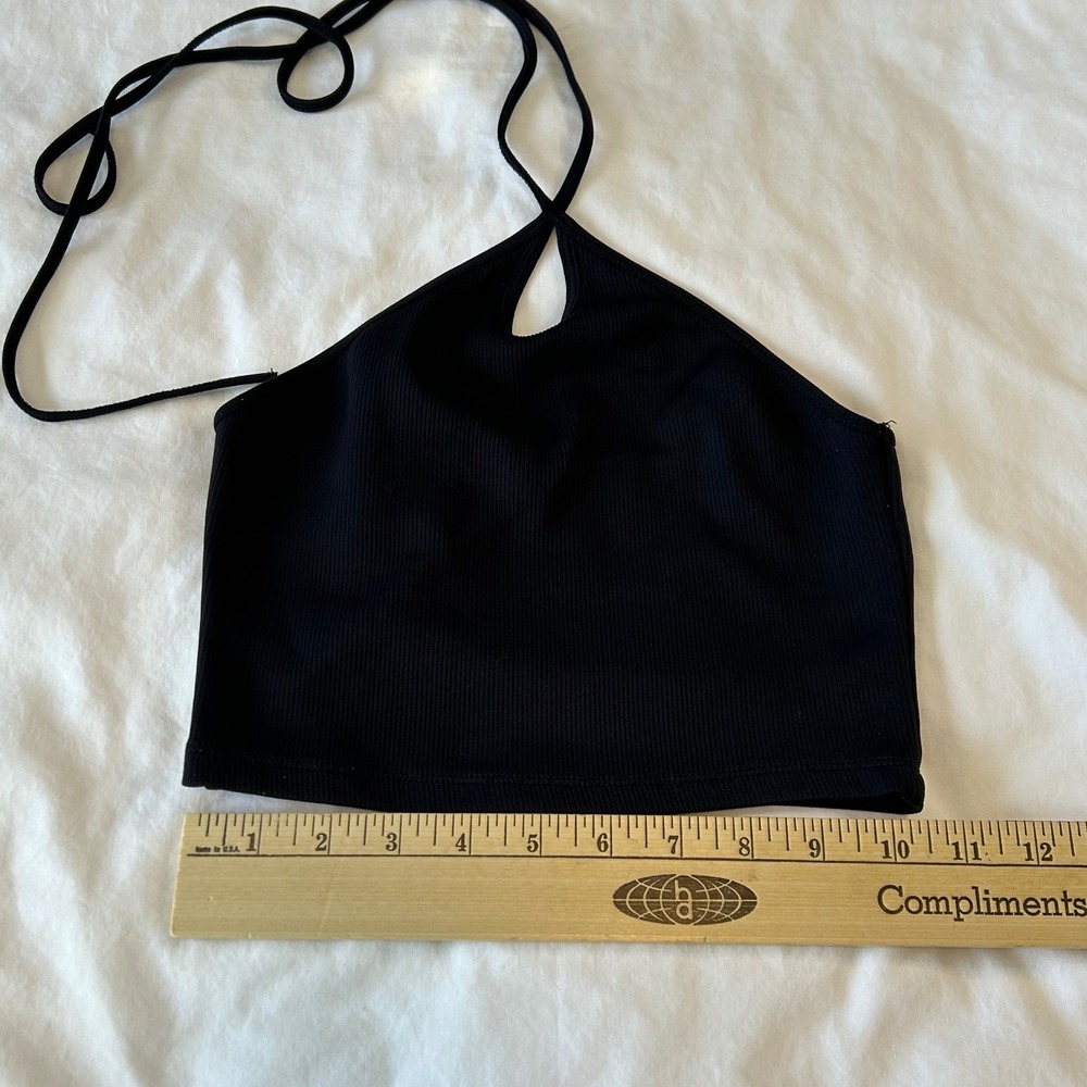 ZARA Black Ribbed Halter Neck Crop Top Tie Back Small whimsy goth - Picture 2 of 4